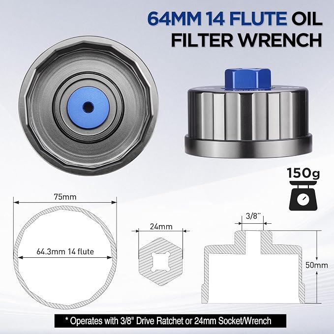 WORKPRO Oil Filter Wrench for Toyota Lexus..., 64mm 14 Flute Precision CNC - Image 4