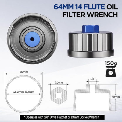 WORKPRO Oil Filter Wrench for Toyota Lexus..., 64mm 14 Flute Precision CNC - Image 4