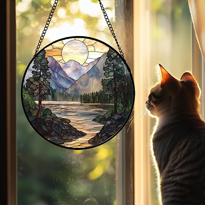 AMDERVEN Stained Glass Window Hanging, Sunset Mountains Lake Tree Sun Catcher for Window Home Decor Landscape Suncatcher Mother's Day Birthday Gifts for Women Men Mom and Nana 9.8 in