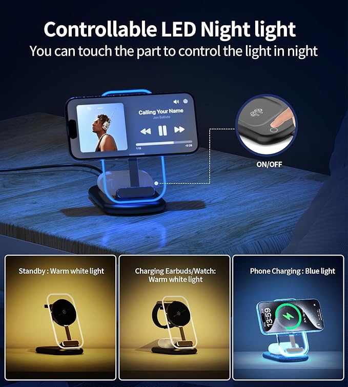 3 in 1 Magnetic Wireless Charging Station for Apple Devices, Fast Foldable Travel Mag-Safe Charger Stand with Night Light for iPhone 17 16 15 14 13 12 Series, Apple Watch/AirPods Pro
