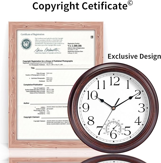 KECYET 10 Inch Outdoor Wall Clock with Thermometers, Vintage Silent Wall Clocks Battery Operated, Retro Non-Ticking Clock Decorative for Living Room, Patio, Kitchen, Office, Bathroom, Bedroom(Bronze)