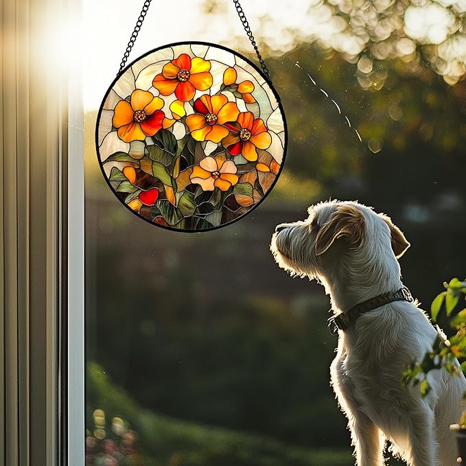 CRISGIF Stained Glass Window Hanging - Orange Marigolds Flowers Suncatcher for Door Garden Yard Sun Catchers Decor Christmas Mother's Day Birthday Gifts for Women Mom Nana Girlfriend Men 9.8 in