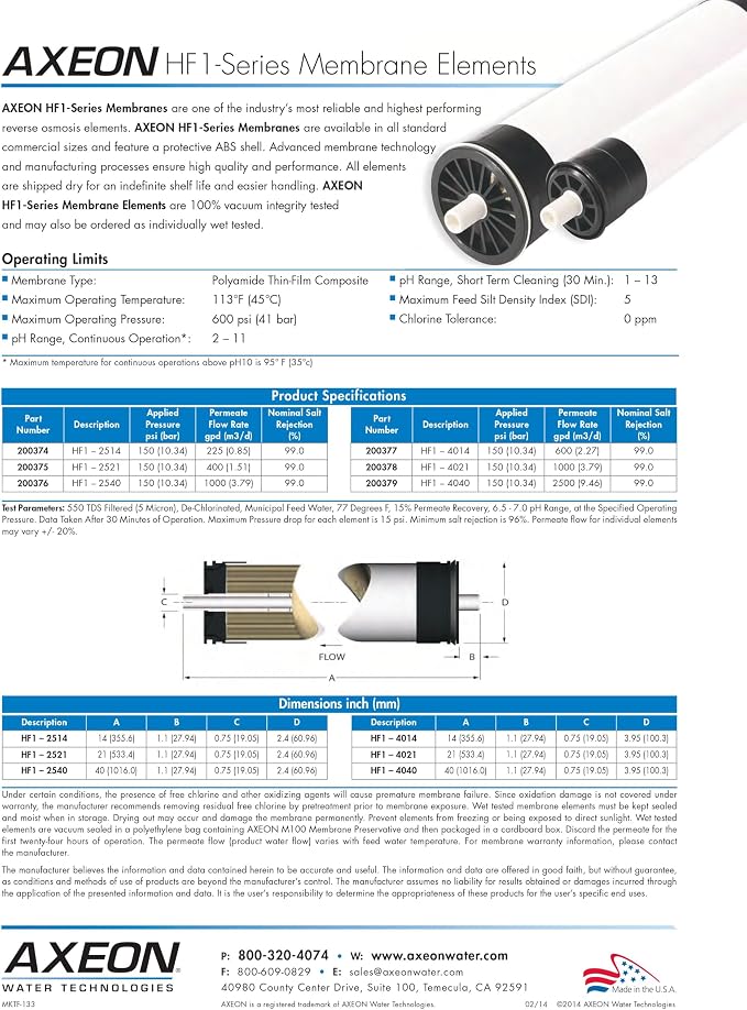 Axeon HF1-4040 2500 GPD RO Membrane Element – 4-inch x 40-inch, Low-Pressure - Image 6