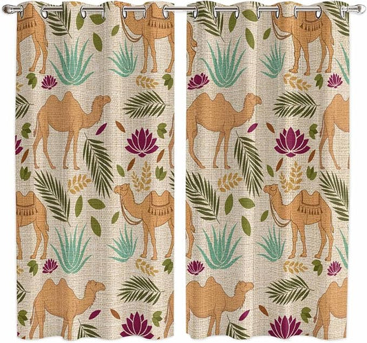 2 Panel Kitchen Cafe Curtains, Desert Camels Sunlight Filtering Nature Air by Hokiten