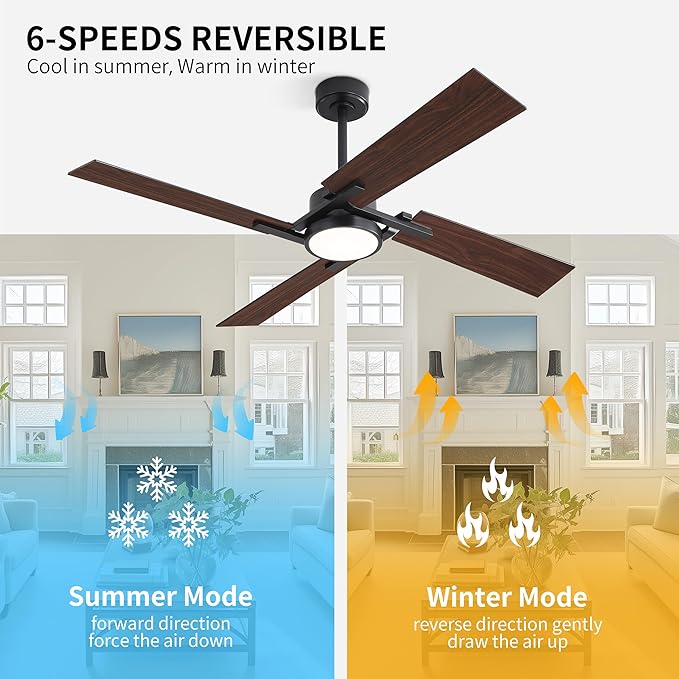 WINGBO 54 Inch Ceiling Fan with Light and Remote, 4 Plywood Blades, 6-Speed Reversible DC Motor, Dimmable, 3CCT, Farmhouse Ceiling Fan for Bedroom Living Room Kitchen, Black and Walnut/Shadowed Walnut