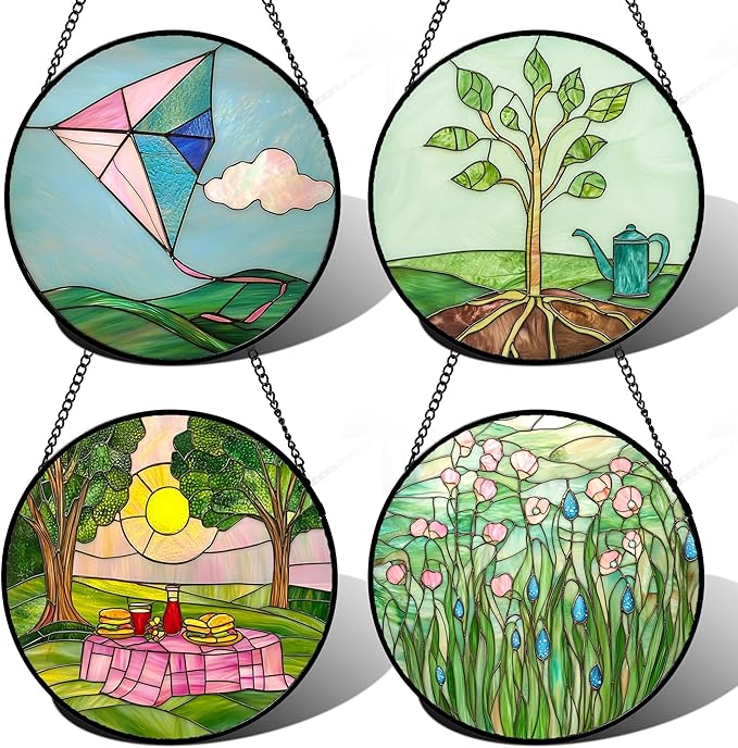 AMDERVEN Stained Glass Window Hanging 4 Pcs Set Pink Green Spring Saplings Flowers Large 15" - Suncatcher Door Garden Sun Catcher Home Decor Mother's Day for Woman Nana Mom Men