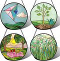 AMDERVEN Stained Glass Window Hanging 4 Pcs Set Pink Green Spring Saplings Flowers 7.8" - Suncatcher Door Garden Sun Catcher Home Decor Mother's Day for Woman Nana Mom Men