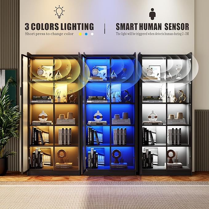 Dystler Display Cabinet with Adjustable Shelves, 65" Tall Bookcase with LED Lights/Human Sensor, 5 Tier Display Case for Collectibles Bedroom Living Room Office, Black - Transparent Acrylic Doors