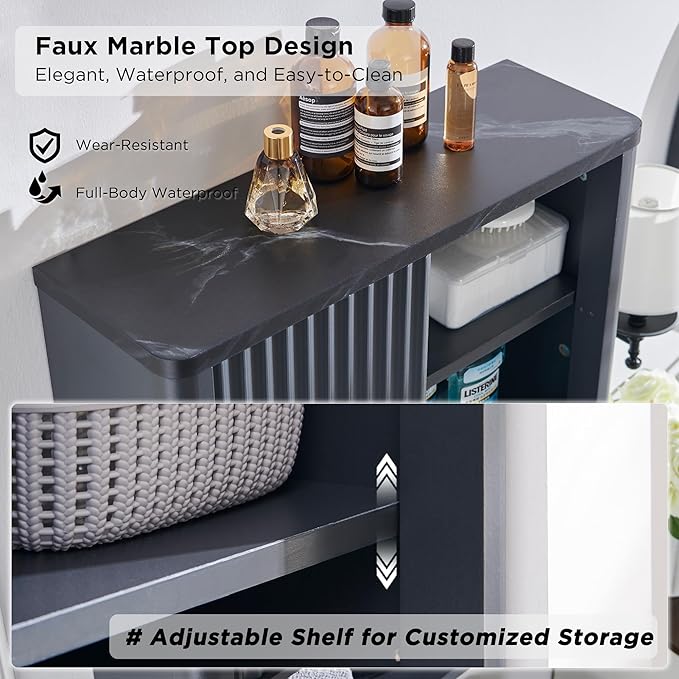 RedLemon Bathroom Wall Cabinet w/Fluted Sliding Door, Modern Medicine Cabinet w/Faux Marble Top & Adjustable Shelf, Curved Profile Wall Mounted Storage Organizer, Dark Grey