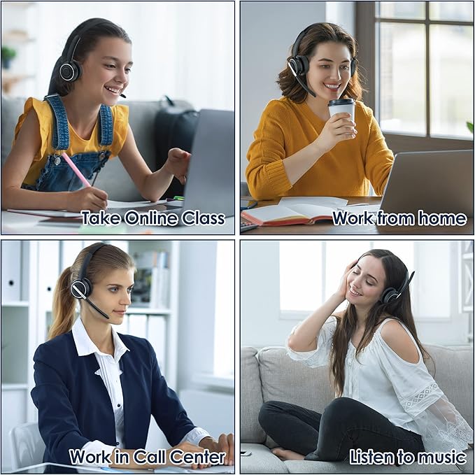 Wireless Headset, Bluetooth Headset with AI Noise Cancelling Mic, Bluetooth V5.2 Headphones with USB Dongle, Charging Base & Mic Mute for PC/Cell Phones/Call Center (Black)