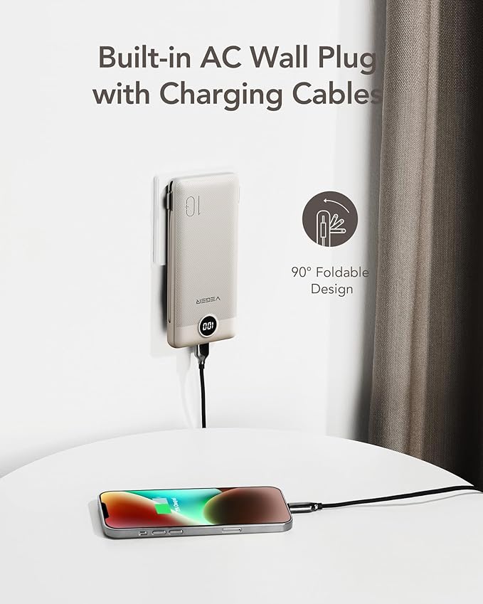 VEGER Portable Charger with Built-in AC Plug and Cables, All in One 10000mAh Ultra Slim Power Bank Travel Essentials, 15W Fast Charging Battery Pack Compatible with iPhone, Samsung, Android (Coffee)