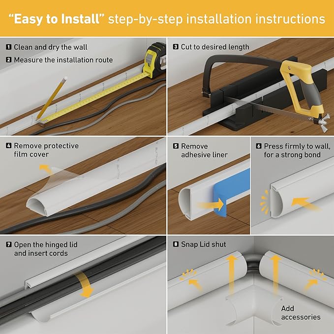 D-Line Half Round Cord Hider, Patented Cable Cover, Hide TV Wall Mount Wires, Raceway for Cords, Decorative Wire Covers, Paintable, Adhesive Cable Concealer, 2X 0.78in W x 0.39in H x 39in L, Black