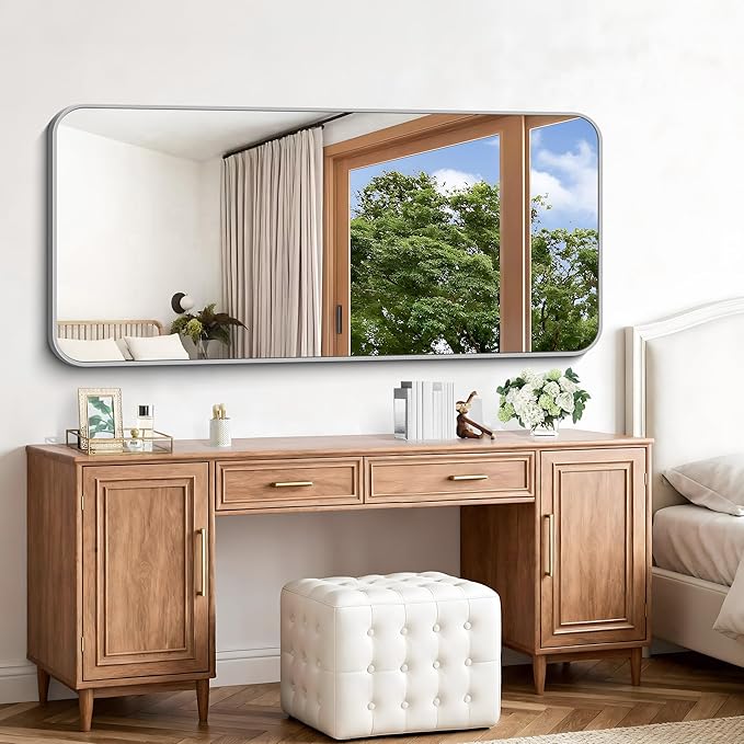 Silver Bathroom Mirror, 72 x 30 Inch Large Rectangle Mirror, Rectangular Vanity Mirror Aluminum Metal Frame, Rounded Corner Wall Mirror for Living Room Bedroom Entryway Horizontal/Vertical