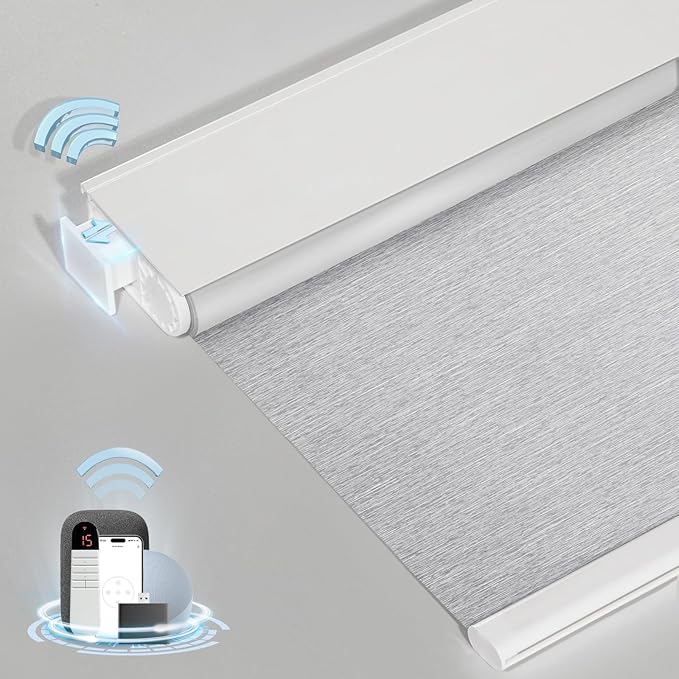 MANSNIX Smart Motorized Blinds with Remote, Cordless No-Drill Automatic Roller Shades, Blackout Electric Blind for Windows, Grey, 32.5 x 72