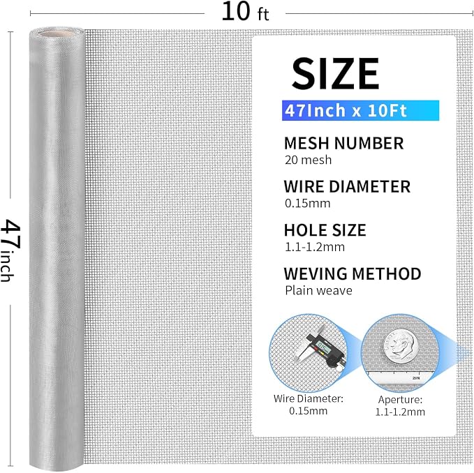304 Stainless Steel Mesh, 47in x 10ft, 20 Mesh, Sturdy Metal Screen Roll - Image 3