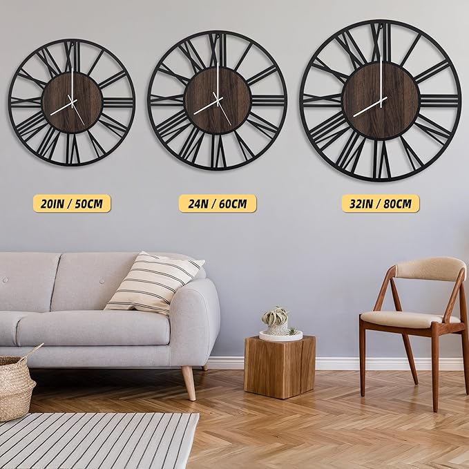 LEIKE Large Wall Clocks with Night Light Battery Operated,Silent Non Ticking,Rustic Modern Big Wood Clock for Living Room, Bedroom,Kitchen,Farmhouse,Office,Home Decor-32 Inch(Roman Numerals)