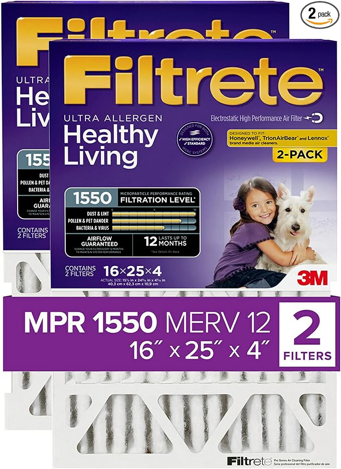 Filtrete 16x25x4, AC Furnace Air Filter, MPR 1550 DP, Healthy Living Ultra by Filtrete