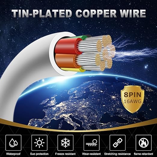 16 Gauge 8 Conductor Electrical Wire, 32.8FT White Stranded Low Voltage 16/8 PVC Case, 16 AWG Tinned Copper 8 Wire Extension Power for Strips LED Lamp Lighting