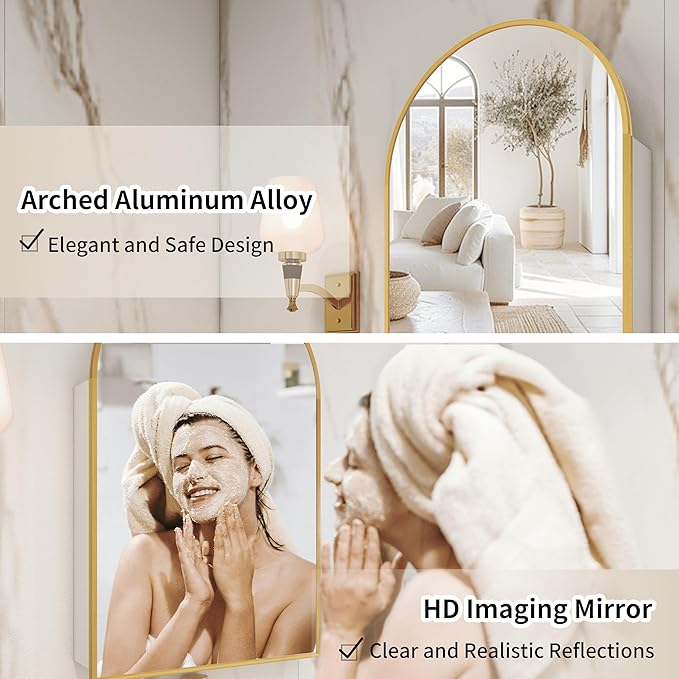 Gold Medicine Cabinet Mirror,Left or Right Opening,Arched Medicine Cabinet Mirror Wall Mounted,Bathroom Mirror with Storage, Adjustable Shelves, Not Recessed, 16x32 inch