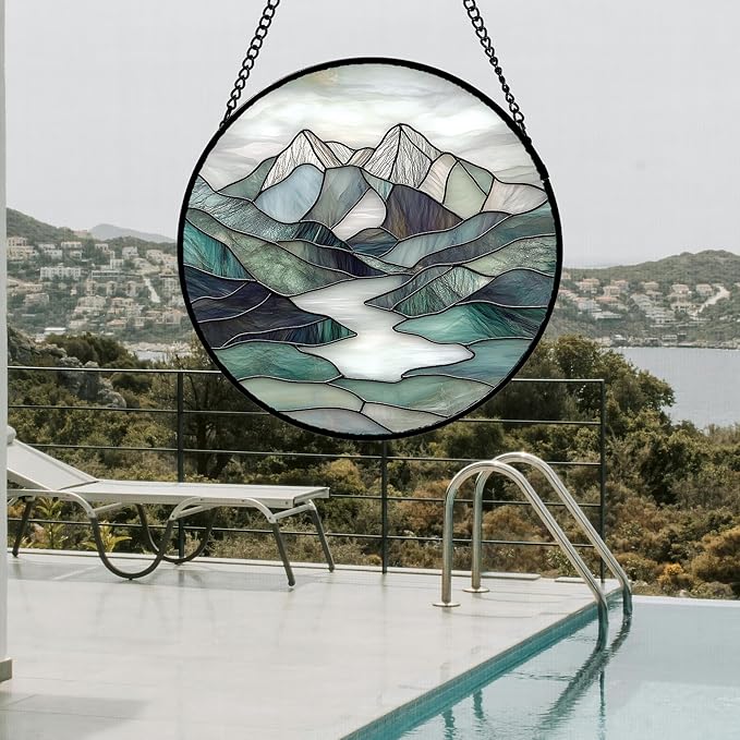 AMDERVEN Stained Glass Window Hanging 4 Pcs Set Mountain River Landscape Large 15" - Suncatcher Door Garden Sun Catcher Decor Birthday Mother's Day for Mom Woman Nana Girl Boy Friend