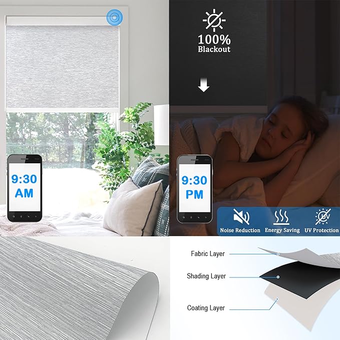 COOLWINDS Motorized Blinds with Remote Cordless Automatic Motorized Shades Custom Blinds for Indoor Windows Smart Curtains with Alexa Google Home(Blackout Jacquard Grey,W65 x H72in)