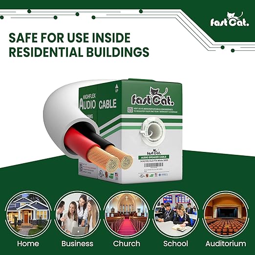 fast Cat. Speaker Wire 16 Guage 4C, UL Listed & CMR/CL3R-FT4 Rated - Speaker Cable w/PVC Jacket, 100% Oxygen-Free Pure Bare Copper - (65) HighFlex 16 Guage Wire - in-Wall Use-500ft Bulk Cable, White
