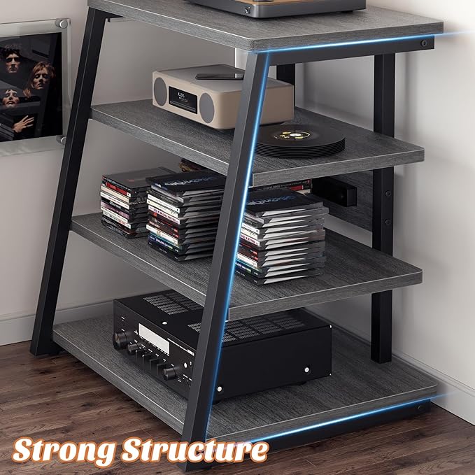 Besiost AV Media Stand with Outlets, Media Console with LED Lights, Stereo Racks and Stands with Storage Shelves, Media Audio Tower Stand, Light Grey Walnut