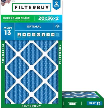 Filterbuy 20x36x2 Air Filter MERV 13 Optimal Smoke & Allergy Defense, by Filterbuy