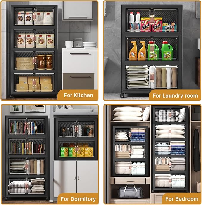 Extra Large Stackable Storage Bins with Lids & Wheels, 330QT-55QT/14GAL*6Pack Foldable Collapsible Closet Organizers Dark Storage Cabinet with Doors for Bedroom Dorm