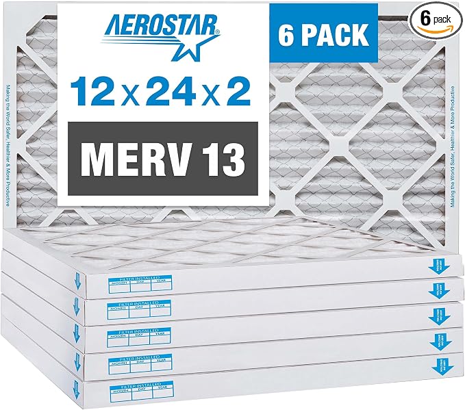 Aerostar 12x24x2 MERV 13 Pleated Air Filter, AC Furnace Air Filter, 6 Pack by AirFiltersDelivered