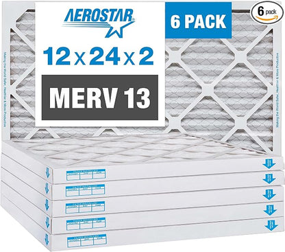 Aerostar 12x24x2 MERV 13 Pleated Air Filter, AC Furnace Air Filter, 6 Pack by AirFiltersDelivered