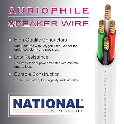 NATIONAL Wire&Cable - 16/4 Audiophile Speaker Wire (100 Feet) 16AWG Gauge - Made in USA - in Wall Audio Speaker Wire Cable/CL Rated/ETL Listed / 2 Conductors - OFC Oxygen-Free Copper, White 100ft