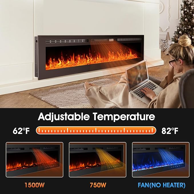60 inch Ultra-Thin Electric Fireplace Recessed and Wall Mounted with Touch Screen Control Panel/Remote Control- Timer,Realistic 5 Flame - Log & Crystal Hearth Options
