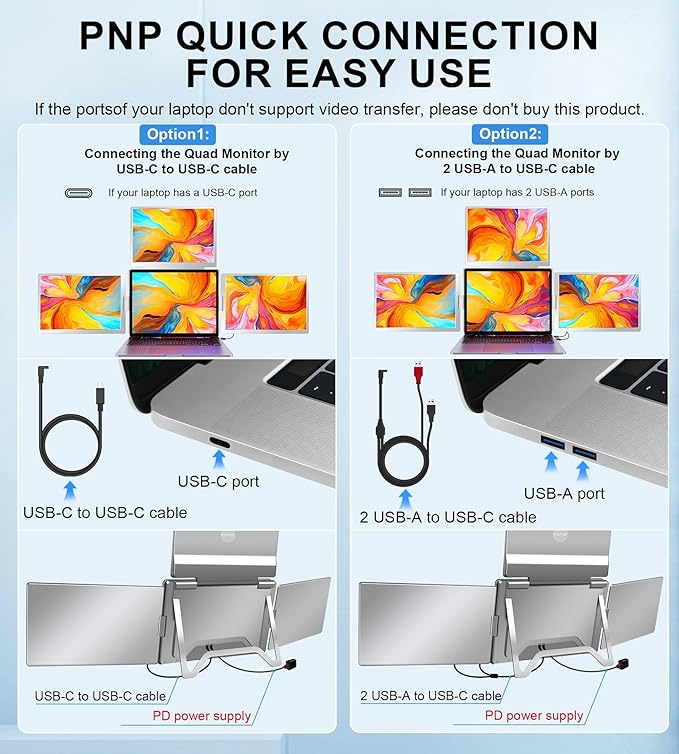 FOPO 16" Laptop Screen Extender Monitor Portable, Quad Monitor, Just 1 Cable for 3 Screens, FHD 1200P IPS Laptop Extender Compatible with Wins/Mac for 13.6" - 18.5" Laptops