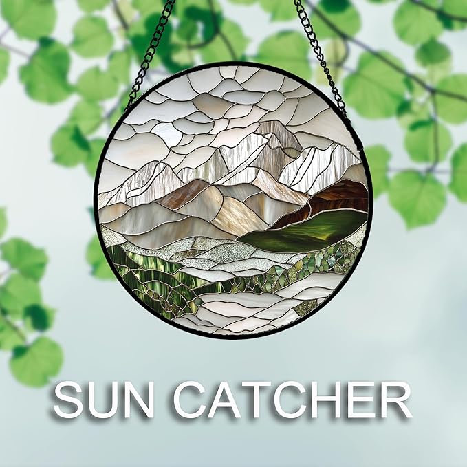 AMDERVEN Stained Glass Window Hanging 4 Pcs Set Mountain River Landscape Large 15" - Suncatcher Door Garden Sun Catcher Decor Birthday Mother's Day for Mom Woman Nana Girl Boy Friend