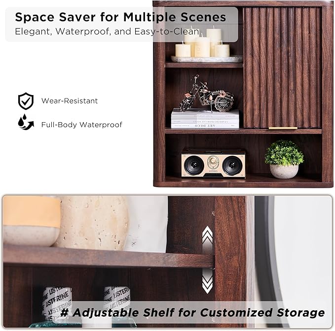 RedLemon Bathroom Wall Cabinet w/Fluted Sliding Door, Modern Medicine Cabinet with Adjustable Shelf, Curved Profile Wall Mounted Storage Organizer, Walnut