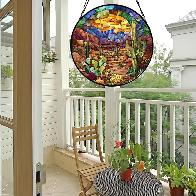 CRISGIF Stained Glass Window Hanging Cactus Mountains Landscape 6.3" - Suncatcher Door Garden Sunroom Sun Catcher Home Decor Birthday Christmas for Mom Men Woman Nana