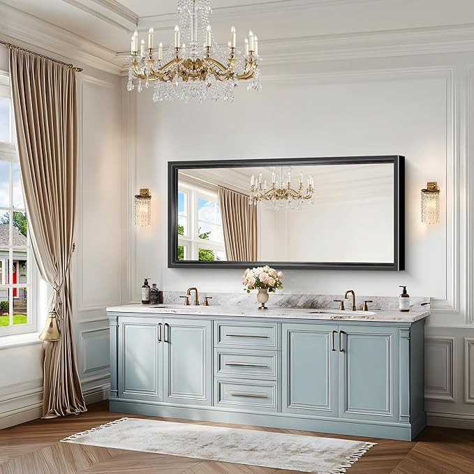 Black Bathroom Mirror, 28x60 Inch Large Rectangle Mirror, 0.6" Thickened Deep Frame Mirrors for Wall Over Sink, Shatterproof Tempered Glass, Brushed, Antirust, Horizontally or Vertically