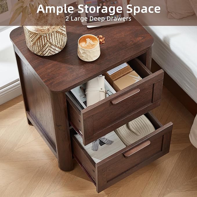Joaxswe Farmhouse Nightstand Set of 2 with Charging Station, End Tables Bedroom with 2 Large Drawers & 4 Thickened Table Legs, Walnut