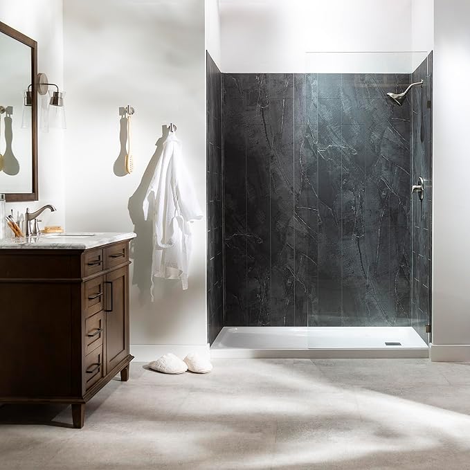Palisade 78in x 60in x 32in Waterproof Vinyl Shower Surround Kit with Accessories in Urban Quarry