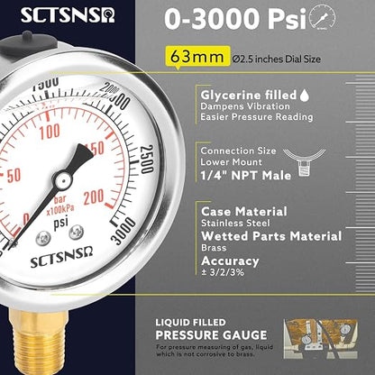 2-1/2" Dial Size, 0-3000 Psi Pressure Gauge, Glycerin Liquid Filled, 1/4" NPT - Image 2
