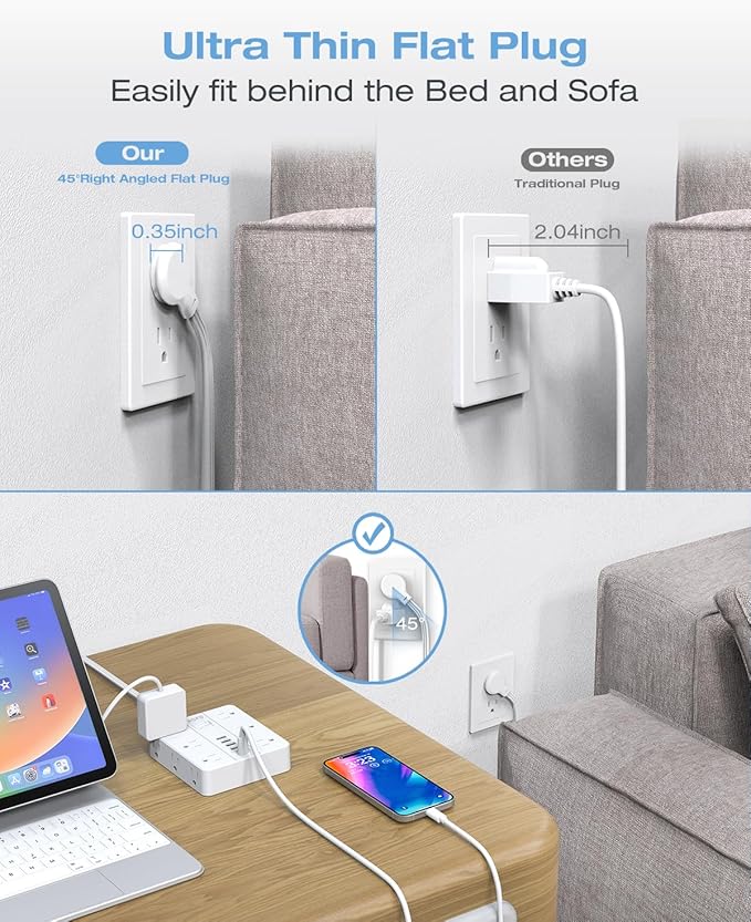 AOFO 10FT Surge Protector Power Strip,12 AC Outlets with 6 USB Ports (2 USB-C), Flat Plug Extension Cord with Multiple Outlets, Wall Mount for Home Office,Dorm,White