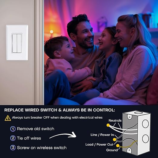RunLessWire Click for Philips Hue – Battery-Free Wireless Smart Light Switch, 30ft Range – Works Natively with Philips Hue Bridge – Wall Mount Kinetic Switch - Decora Style, White 2 Pack