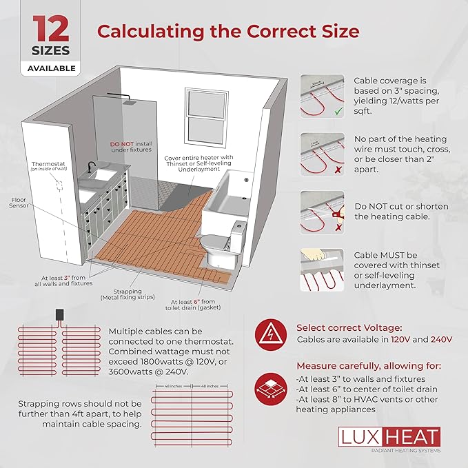 LuxHeat 40sqft Floor Heating Cable Kit - 240v Electric Heating Floor System - Heated Flooring System Includes UDG4 Programmable Thermostat w/GFCI, Heater Cable, Strapping, Flooring Sensor & Alarm