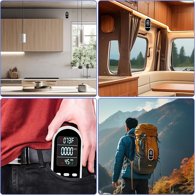 Vzmcov Portable Carbon Monoxide Detector Mini air Quality Monitor with Lanyard Alarm, CO Gas/Humidity Sensor/Indoor/Outdoor Thermometer, Battery Powered LED Screen