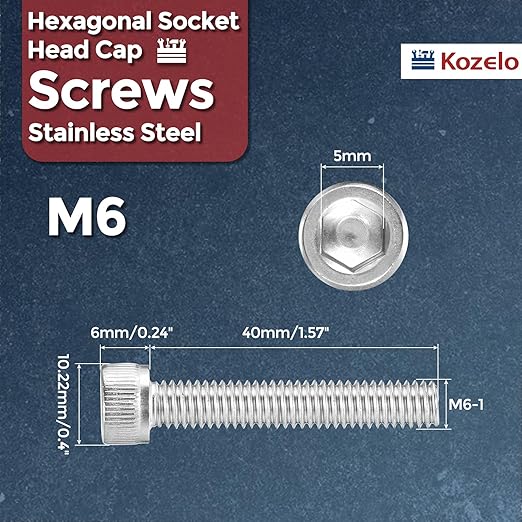 Kozelo 20pcs Socket Head Cap Screws - [M6-1 x 40mm] 304 Stainless Steel Allen Socket Drive for Electrical Motor 3D Printing Fan Engine Replacement Use, Silver