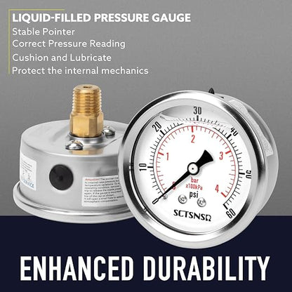 2-1/2" Dial Size, 0-60 Psi Low Pressure Gauge, Glycerin Liquid Filled, 1/4" NPT - Image 3