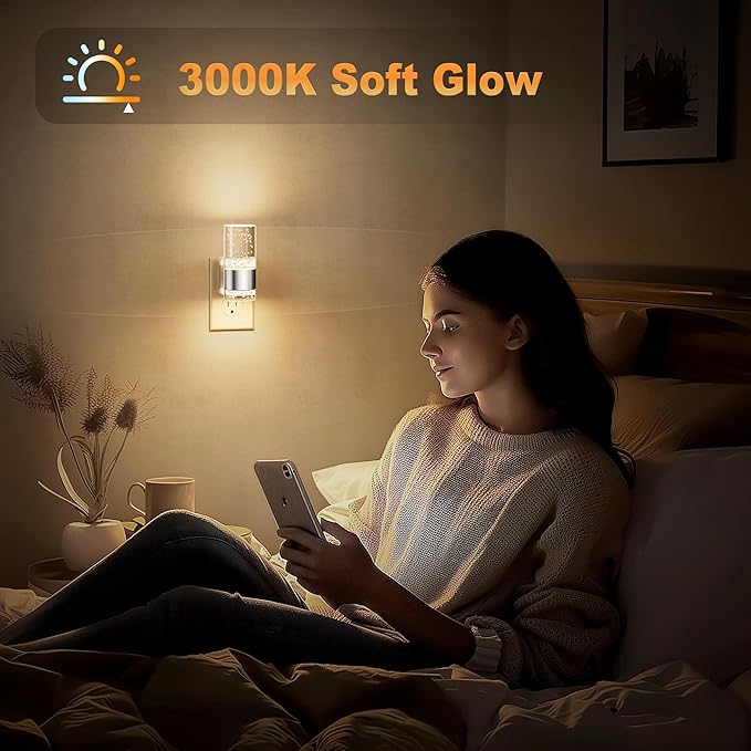 JandCase Night Light, Night Lights Plug into Wall,2 Pack 3000K Warm White LED Nightlight with Adjustable Brightness, Automatic Night Light Plug in with Light Sensor for Bathroom Hallway Christmas Gift