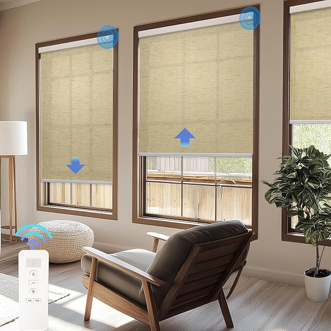 COOLWINDS Motorized Blinds with Remote Cordless Automatic Motorized Shades Custom Blinds for Windows Smart Curtains Compatible with Alexa Google Home(Light Filtering Linen Soft Dunes,W35 x H72in)