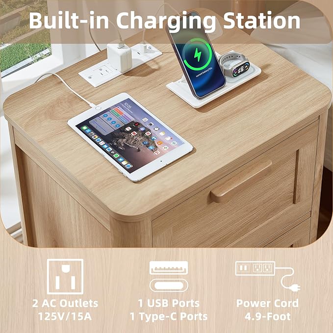 Joaxswe Farmhouse Nightstand with Charging Station, End Tables Bedroom with 2 Large Drawers & 4 Thickened Table Legs, Natural Wood